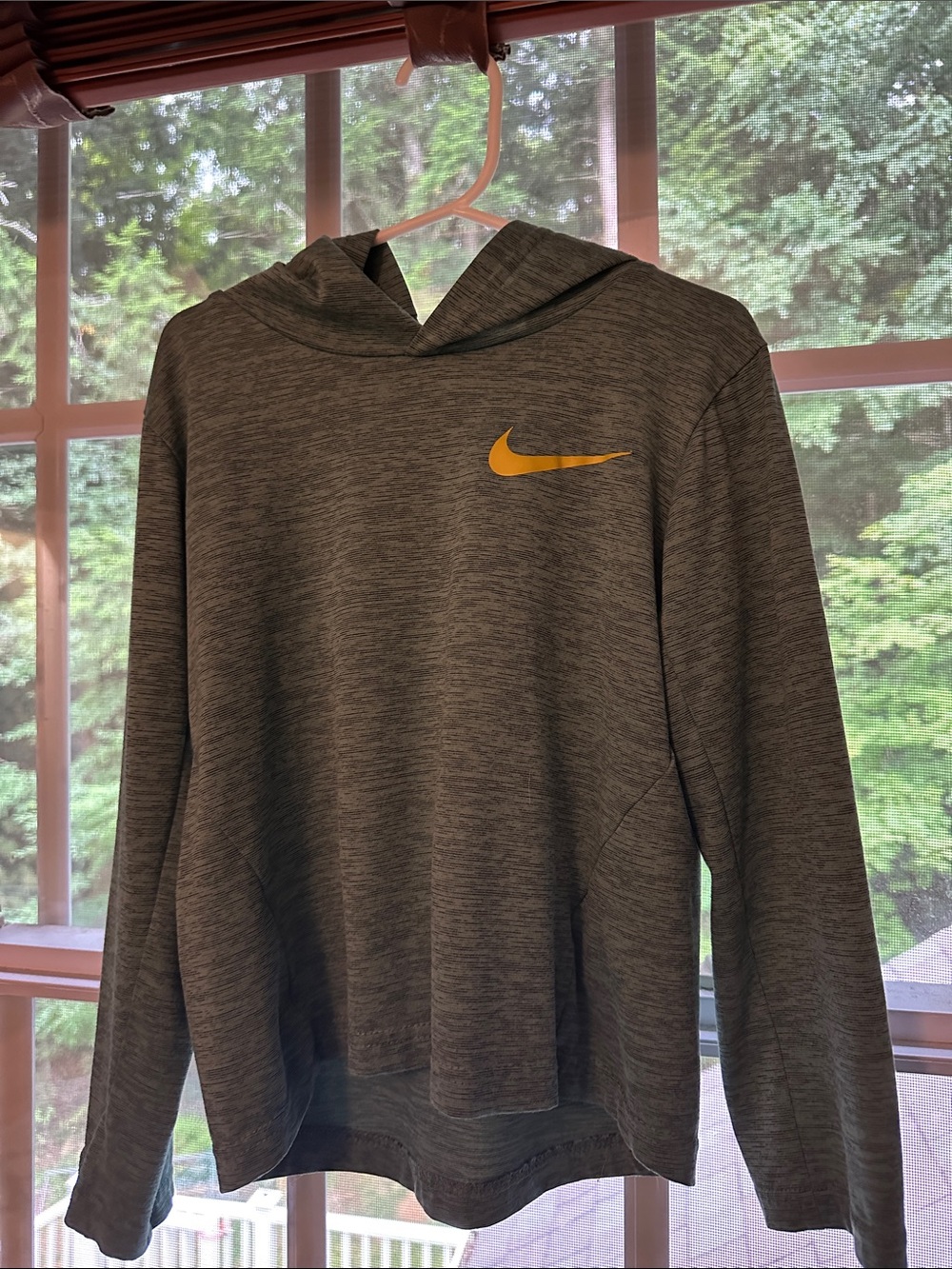Nike heathered green Long Sleeve Hooded Tee with Yellow Nike Swoosh